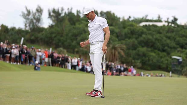 Camilo Villegas of Colombia celebrates on the 18th green during the final round after winning the 2023 Butterfield Bermuda Championship at Port Royal Golf Course in Southampton, Bermuda.